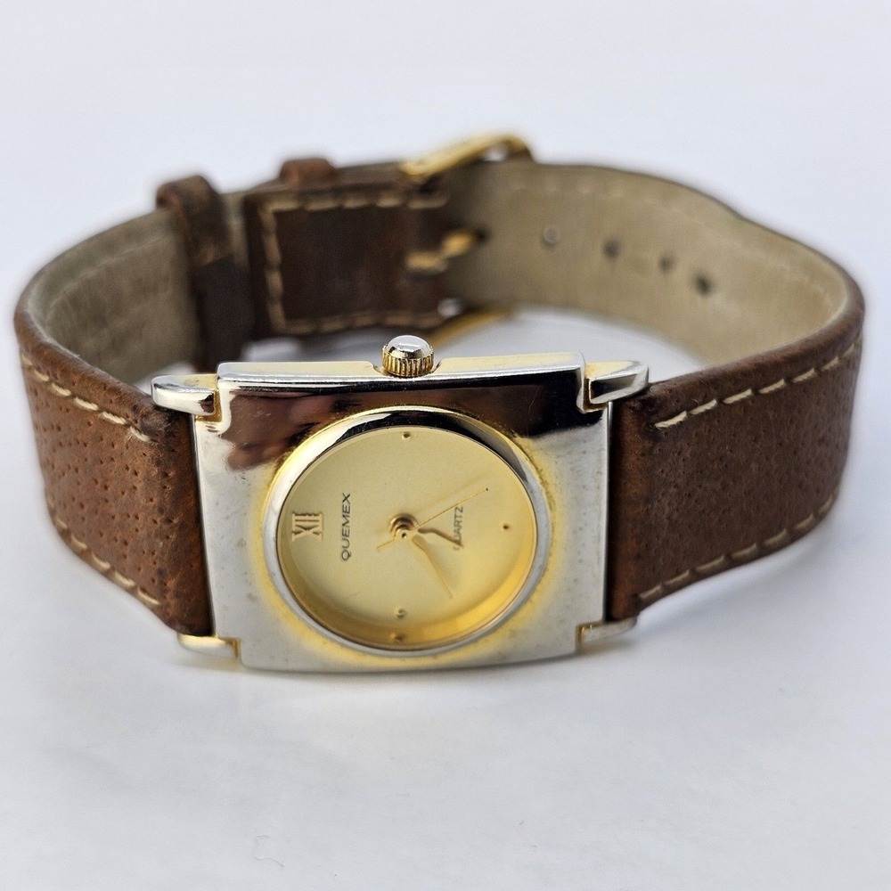 Quemex Watch Women‎ 24MM Gold Dial Case Brown Leather Band Straps New Battery